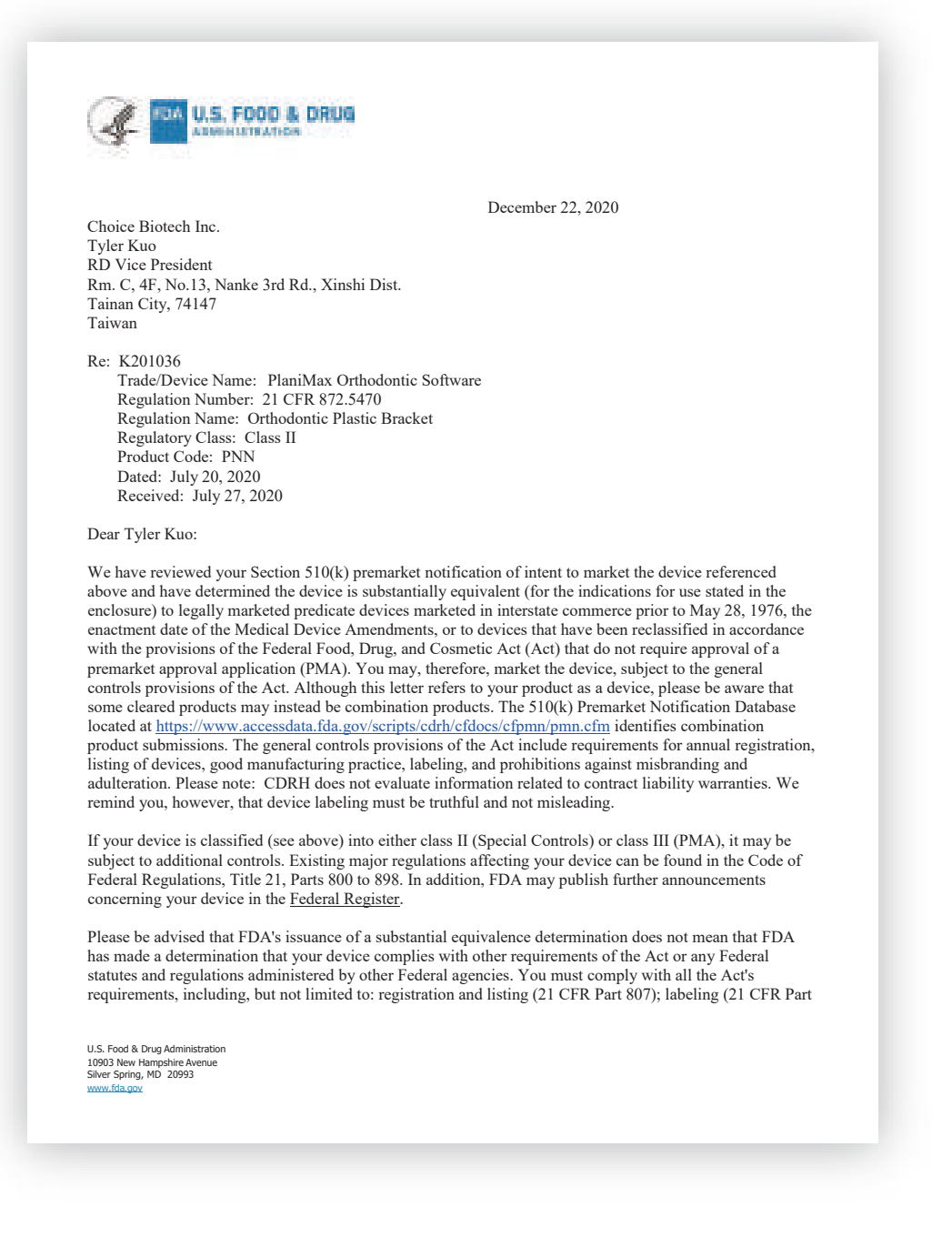 FDA 510(k) Certificate